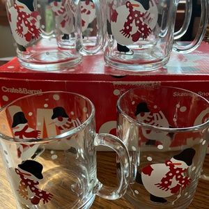 Crate & Barrel skating snowman Christmas glass mugs cups  set of 6